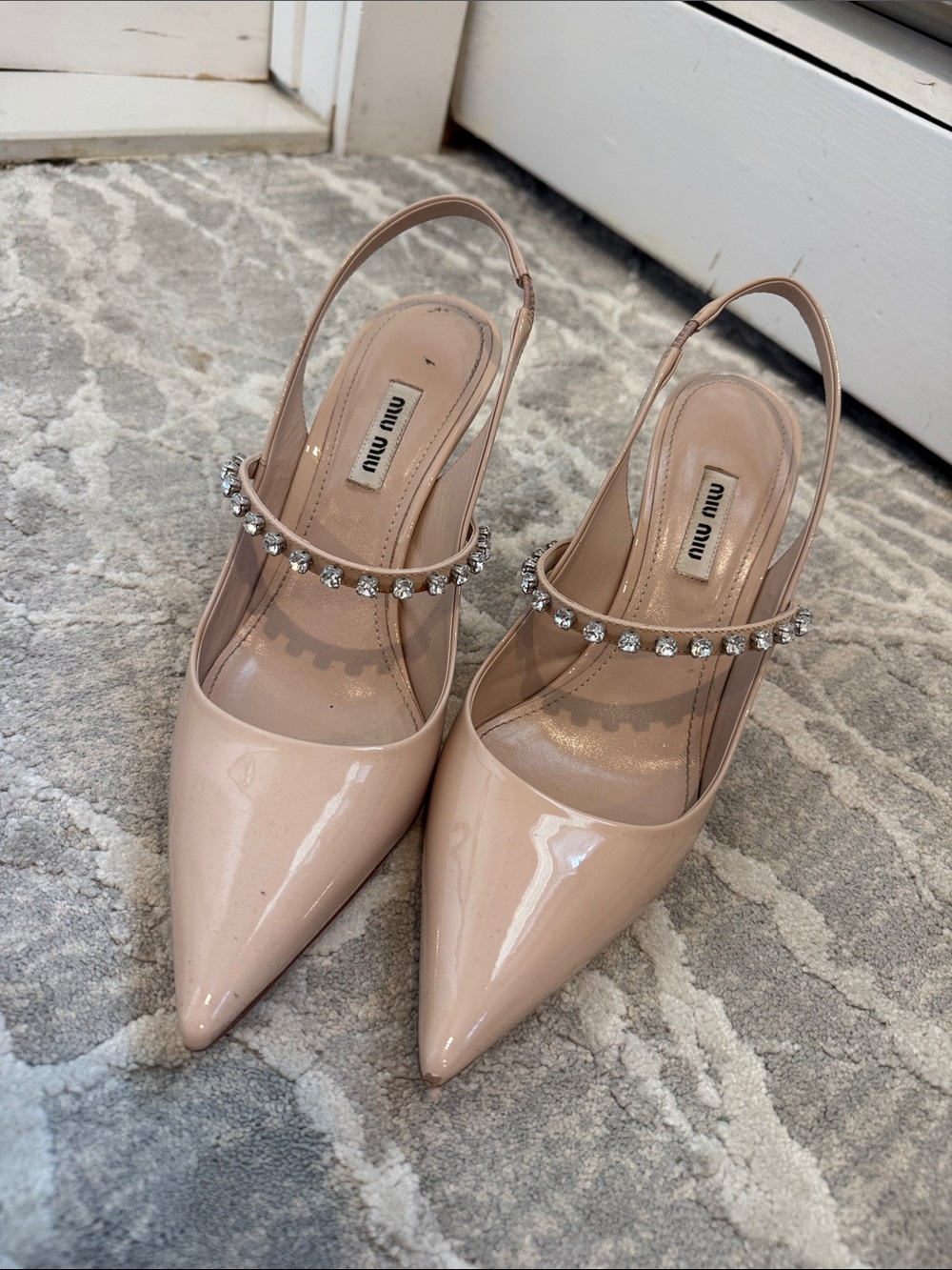Miu Miu Blush Patent Slingback Pumps with Crystal Strap